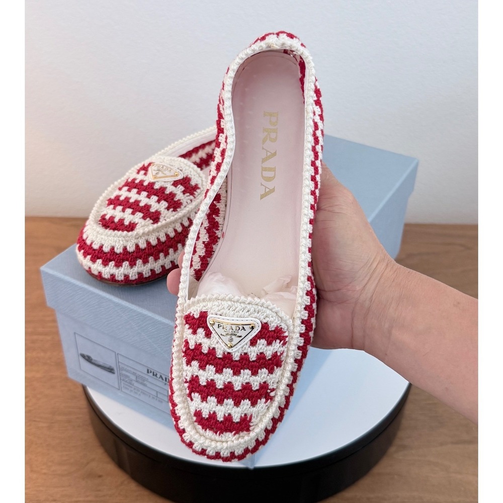 Prada Red White Crochet Loafers Enameled Triangle Logo Flats 1D496N Womens 37 - Picture 7 of 11